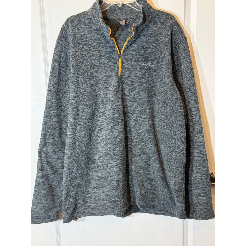 Eddie Bauer Mens TXL Quarter Zip Fleece Pullover Gray Heather Yellow Trim
